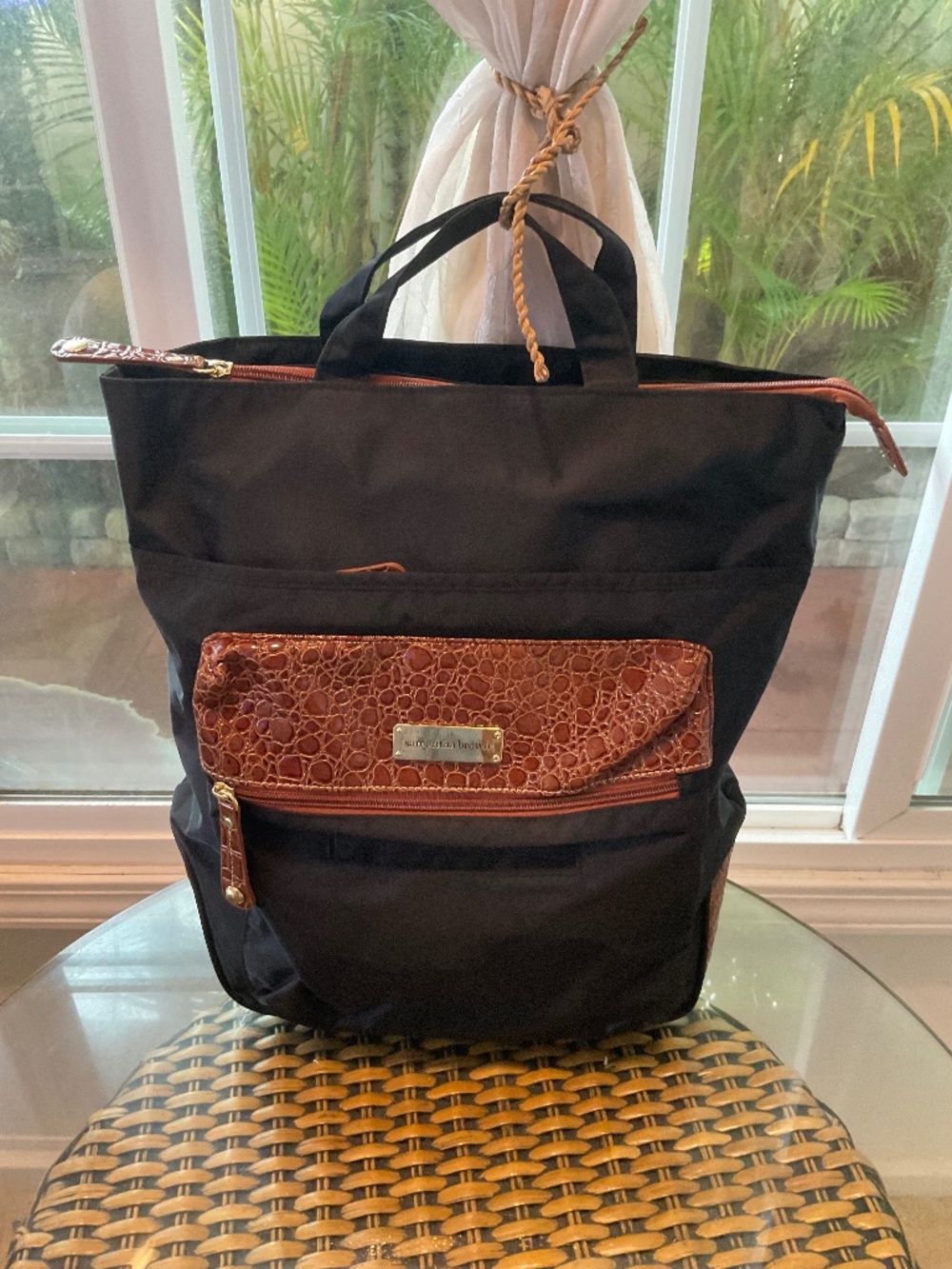 Samantha Brown Black Nylon & Brown Croc Embossed Backpack